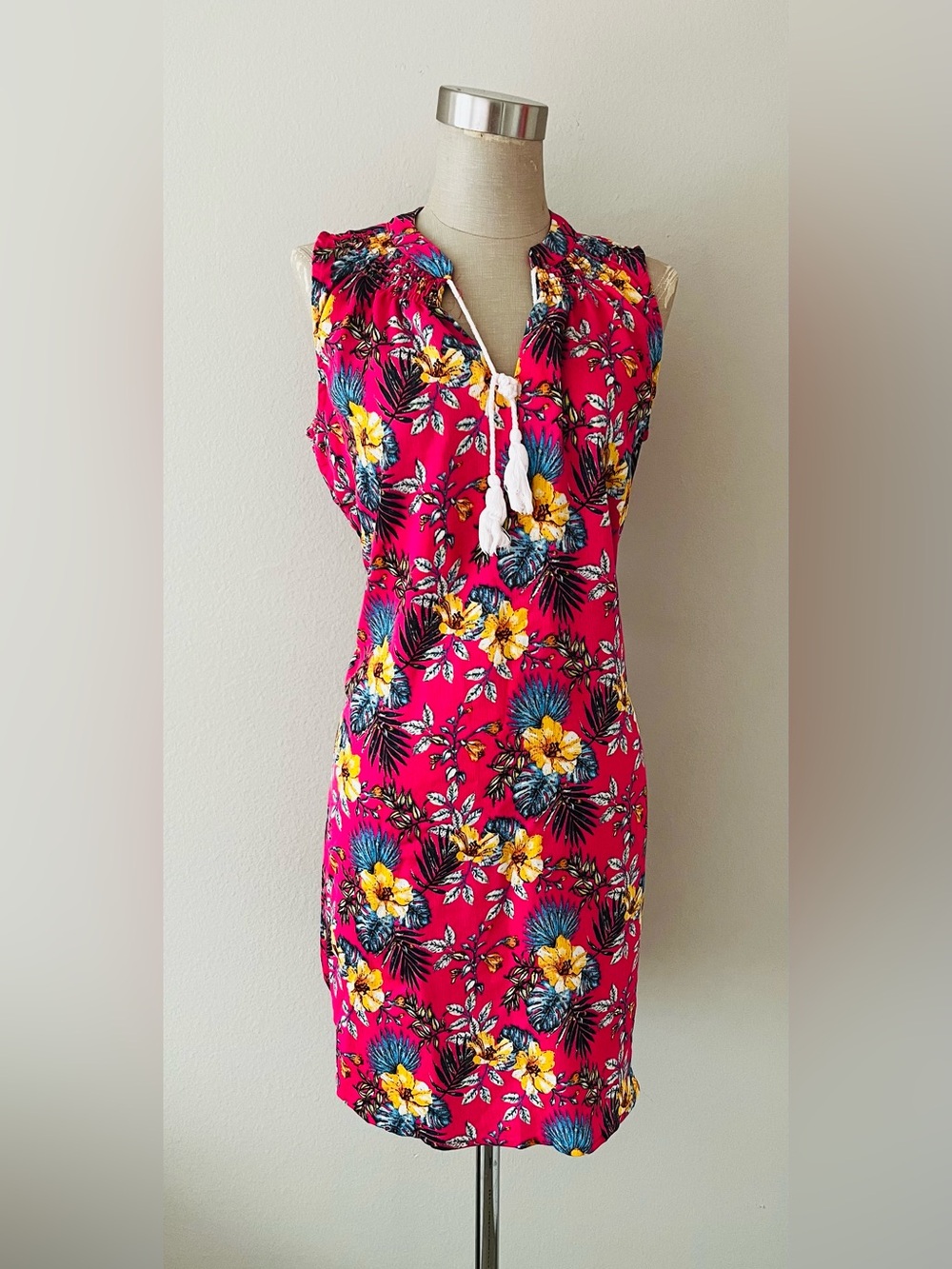 Floral Tassel Tie Shift Dress - Fuchsia Pink
